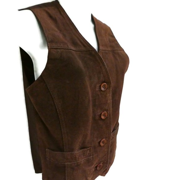 Kathy Ireland Vest Leather Suede Vintage Dark Brown Western Slot Pockets S - Picture 5 of 10